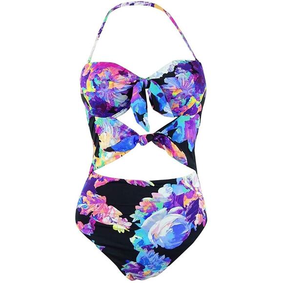 Bar III Tech Floral Underwire High Leg One-Piece Swimsuit Large NWOT - Picture 2 of 6